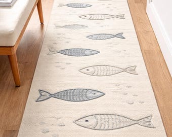 Hand Knotted Fish Runner Rug, Coastal Wool Hallway Rug for Home