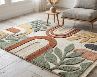 Alfombra abstracta botánica con mechones, alfombra de lana hecha a mano, alfombra bohemia moderna.