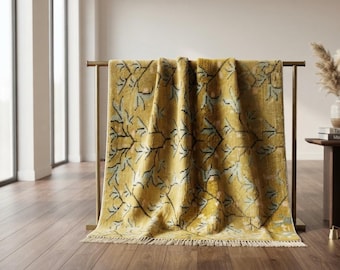 Vintage Oushak Style Hand-Knotted Wool Rug 3x5 Mustard Yellow Floral Area Rug