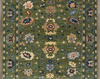 Hand Knotted Olive Green Wool Oushak Rug, Botanical Floral Motifs, Vintage Cottagecore Style