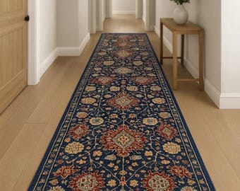 Hand Knotted Runner Rug, Navy Blue Floral Wool Rug, Hallway Carpet for Living Room