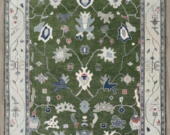 Green Oushak Rug Hand Knotted Wool Floral Area Rug for Home Decor Custom Size