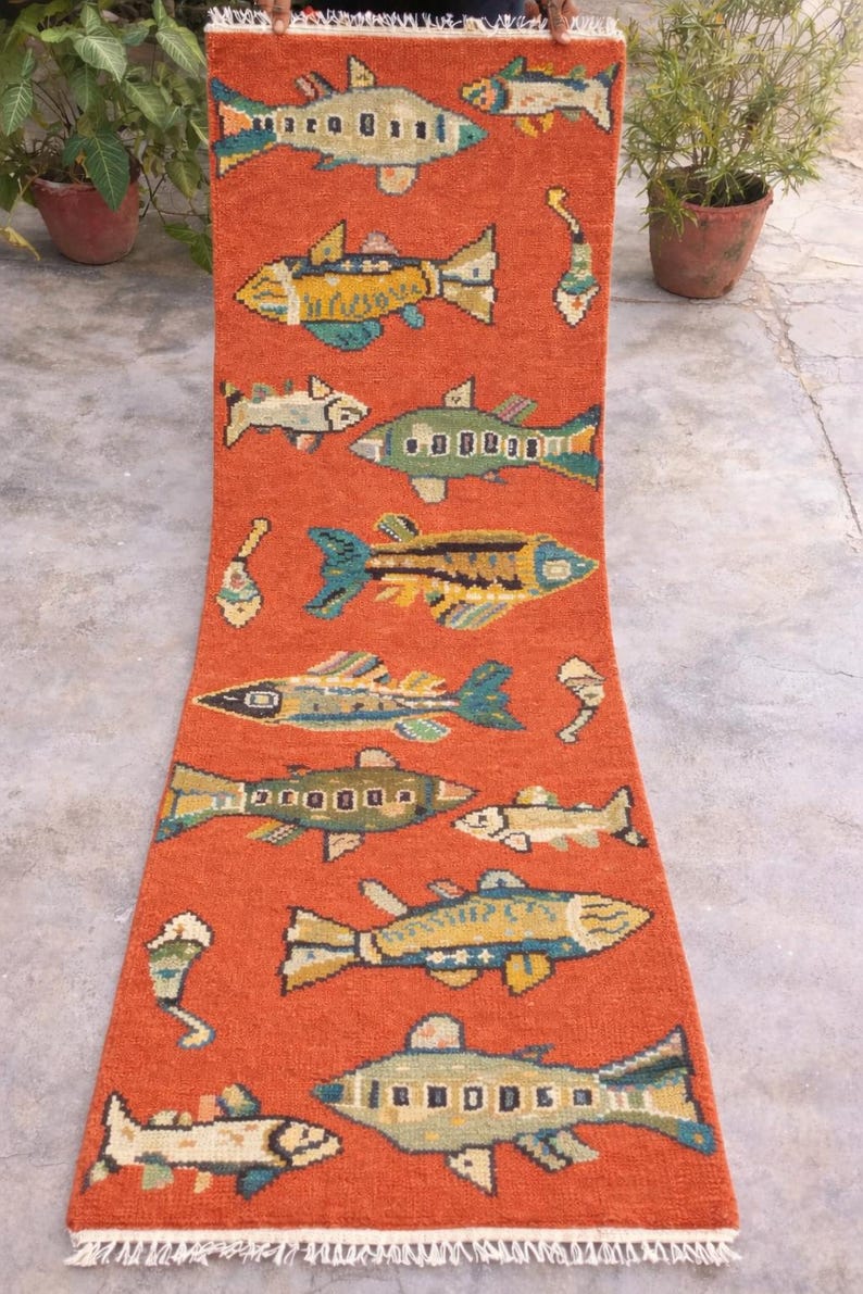 Handmade Koi Fish Runner Rug | Coastal Wool Hallway Carpet - Etsy
