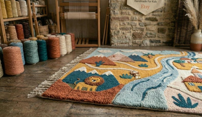 May include: A rectangular tufted rug featuring a landscape design with a lion, mountains, a winding blue river, and small houses. The rug has a textured surface with a color palette of mustard yellow, blue, brown, and cream, finished with fringe.