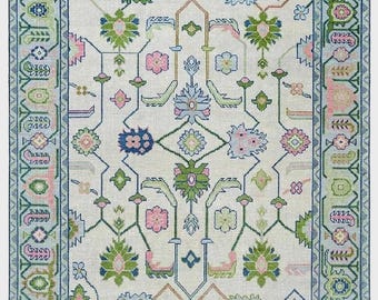 Hand Knotted Oushak Rug, Pastel Floral Wool Area Rug, Custom Size Carpet