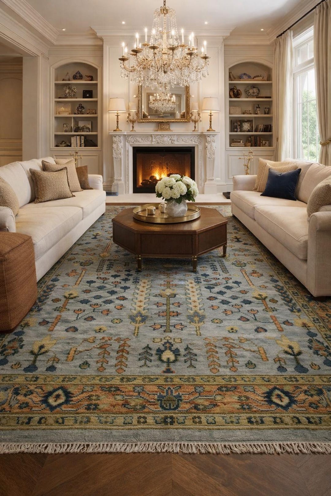 Handwoven Blue Gray Floral Border Area Rug - Etsy
