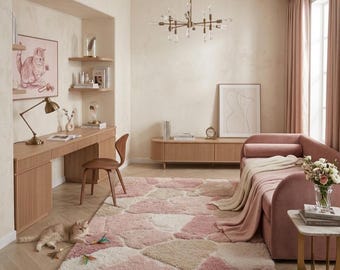 Alfombra rosa a cuadros tejida a mano, de lana suave, estilo moderno, para el hogar.