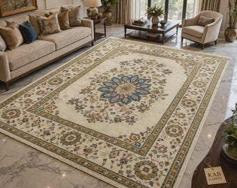 Alfombra de medallón floral anudada a mano, alfombra tradicional de lana color crema para el hogar.