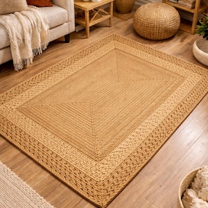Handflätad jutematta, naturlig bohemisk matta, fyrkantig geometrisk design