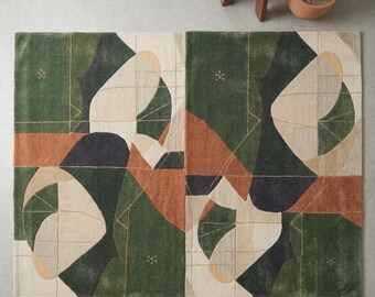 Alfombra abstracta de lana verde tejida a mano, alfombra geométrica moderna.