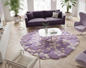Alfombra abstracta floral tejida a mano - Alfombra de lana con textura 3D festoneada en tonos lavanda, verde y granate