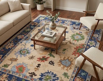 Alfombra de lana anudada a mano estilo turco con estampado floral / Alfombra Oushak beige para el hogar