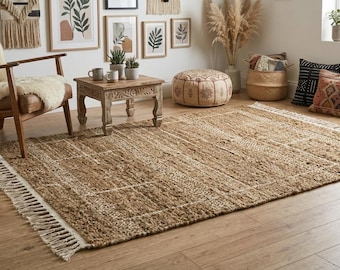 Alfombra minimalista de lana marrón anudada a mano, estilo bohemio neutro, para sala de estar.