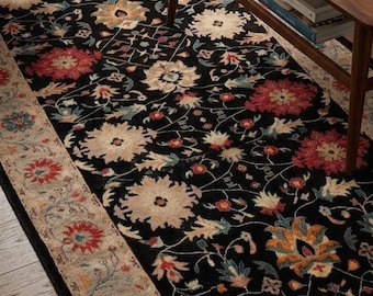 Alfombra de lana anudada a mano, alfombra floral negra, alfombra oriental vintage para el hogar.