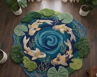 Alfombra de lana tejida a mano con diseño de peces koi en verde musgo y azul / Alfombra artística para estanques