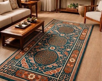 Alfombra oriental color verde azulado, alfombra de lana anudada a mano, alfombra floral vintage para el hogar.
