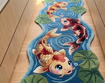 Hand Knotted Wool Cute Koi Fish Runner Rug, Lotus Pond Hallway Carpet