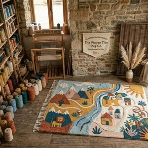 May include: A rectangular area rug featuring a colorful tufted landscape design with mountains, a winding blue river, small houses, palm trees, a lion, and a monkey. The rug has a light blue background with cream-colored paths and fringed edges.
