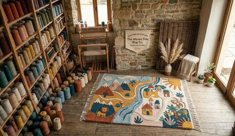 May include: A rectangular area rug featuring a colorful tufted landscape design with mountains, a winding blue river, small houses, palm trees, a lion, and a monkey. The rug has a light blue background with cream-colored paths and fringed edges.