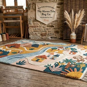 May include: A rectangular area rug featuring a tufted landscape design with mountains, a winding river, small houses, a lion, a monkey, and sun motifs in shades of blue, yellow, orange, and green, finished with fringe on two ends.