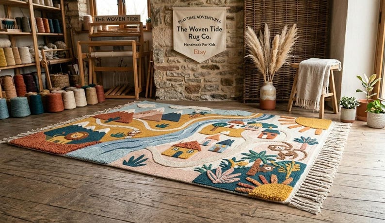 May include: A rectangular area rug featuring a tufted landscape design with mountains, a winding river, small houses, a lion, a monkey, and sun motifs in shades of blue, yellow, orange, and green, finished with fringe on two ends.