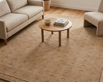 Alfombra de lana neutra color beige tejida a mano, alfombra minimalista de lana, alfombra moderna para áreas.