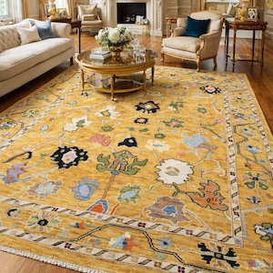 Tappeto Oushak annodato a mano, tappeto in lana floreale giallo dorato