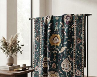 Hand Knotted Teal Oushak Rug, Handmade Wool Area Rug, Custom Floral Carpet