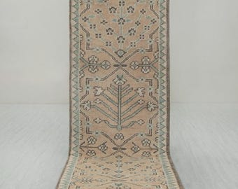 Hand Knotted Oushak Runner Rug, Neutral Wool Hallway Carpet Custom Size