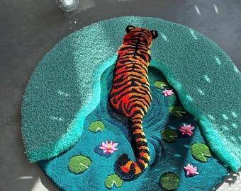 Alfombra Tiger Pond tejida a mano – Decoración impactante con arte animal en 3D