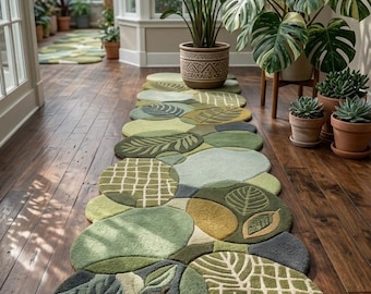 Hand Tufted Leaf Runner Rug Organic Green Hallway Wool Rug