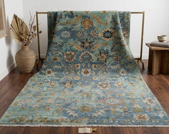 Hand Knotted Blue Oushak Wool Rug, Floral Area Carpet for Living Room