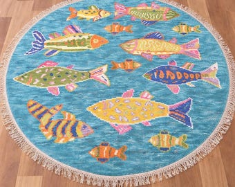 Round Fish Wool Rug, Ocean Theme Handmade Kids Room Carpet