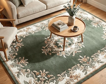 Handtufted Sage Green Floral Rug Wool Area Rug Vintage Living Room Carpet
