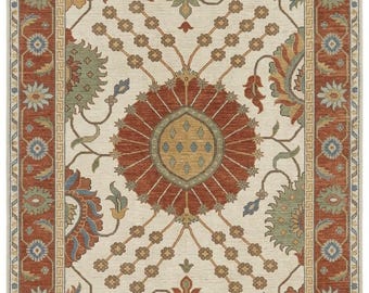 Alfombra Oushak de lana anudada a mano, alfombra floral turca vintage, estilo bohemio anatolio.