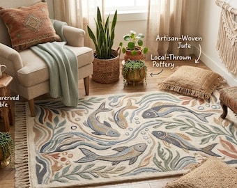 Alfombra de lana tejida a mano con diseño de peces para el hogar, alfombra costera, decoración inspirada en el océano.