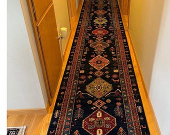 Tappeto a corsia tribale blu navy / Tappeto per corridoio fatto a mano per l'arredamento della casa