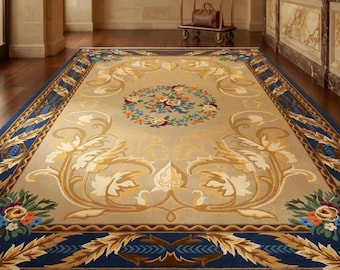 Alfombra de lana tejida a mano: Medallón floral, borde azul, alfombra de estilo vintage para el hogar.