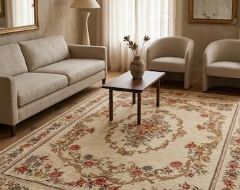 Handtufted Floral Aubusson Rug, Vintage French Style Wool Area Carpet