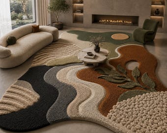 Alfombra abstracta hecha a mano, alfombra de lana con mechones de forma orgánica para el hogar.