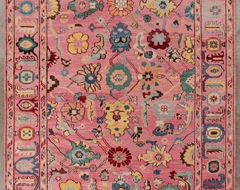 Pink Oushak Rug Hand Knotted Wool Floral Area Rug For Home Decor
