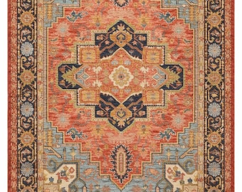 Handmade Wool Oushak Rug - Blue Coral Medallion Rug for Home