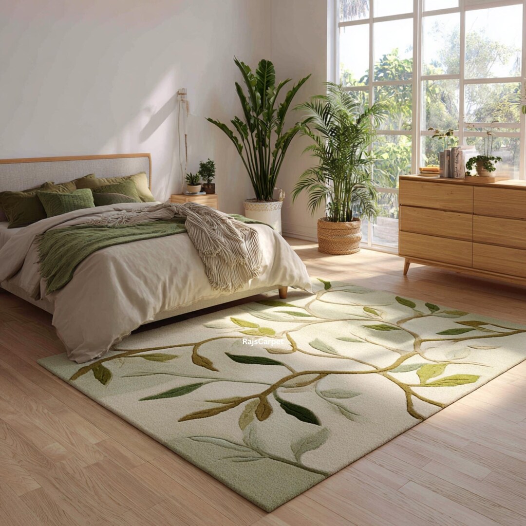 Botanical Leaf Wool Area Rug | Hand-tufted Nature Inspired Carpet for ...