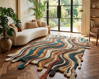 Irregular Abstract Wool Rug | Wavy Freeform Earth Tones, Blue Carpets