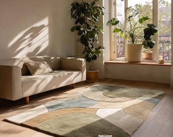 Hand-Tufted Abstract Wool Rug | Sage Green, Beige, Taupe Modern Carpet
