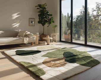 Tapete de lã com estampa botânica de folhas, feito à mão, inspirado na natureza, para decoração de sala de estar.