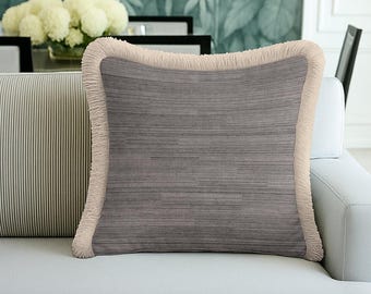 Charcoal Gray Textured Fringed Cushion Cover – Contemporary Minimalist Decor