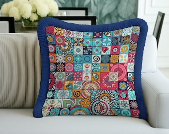Colorful Geometric Patchwork Style Fringed Cushion Cover – Boho Mosaic Decor