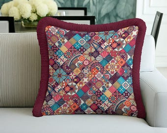 Colorful Boho Patchwork Style Fringed Cushion Cover – Eclectic Mandala Decor