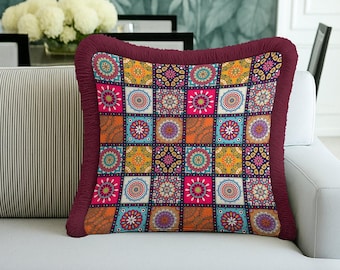 Colorful Mandala Patchwork Style Fringed Cushion Cover – Boho Mosaic Decor